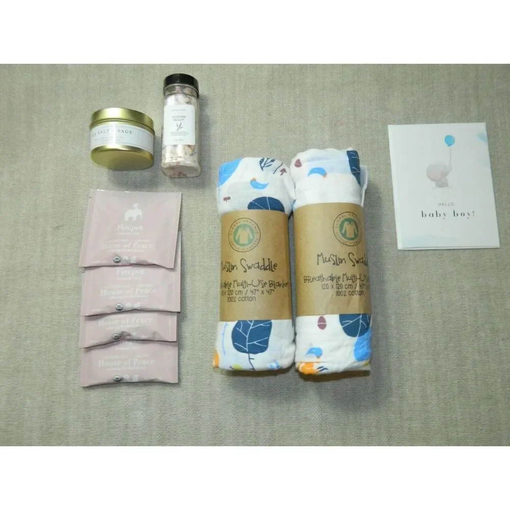 Global Organic Muslin Blanket‎ Cotton Candle Tea New Mom Gift Box